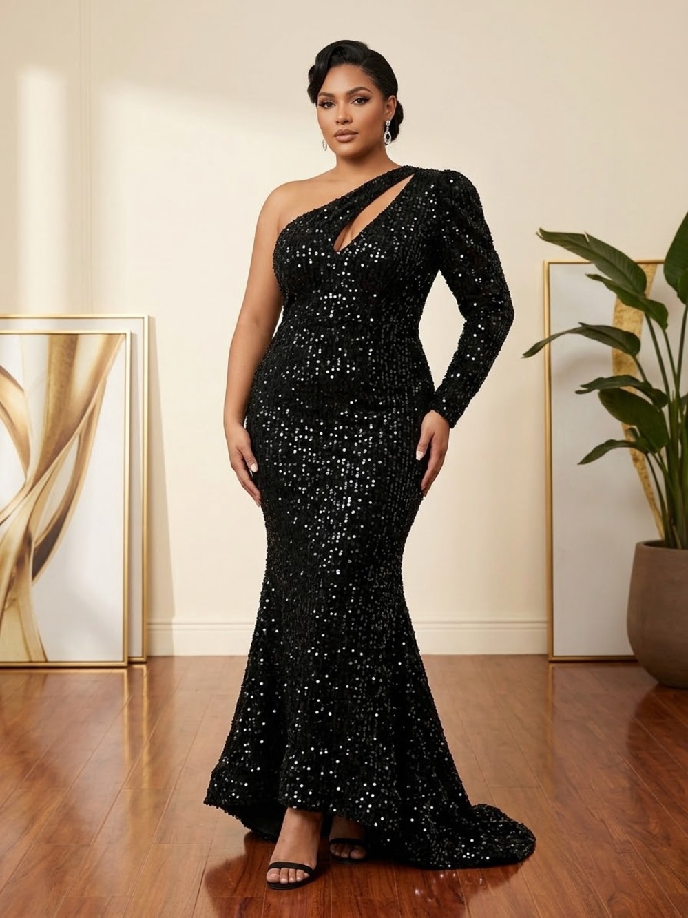 One-Shoulder Black Sequin Evening Gown Large